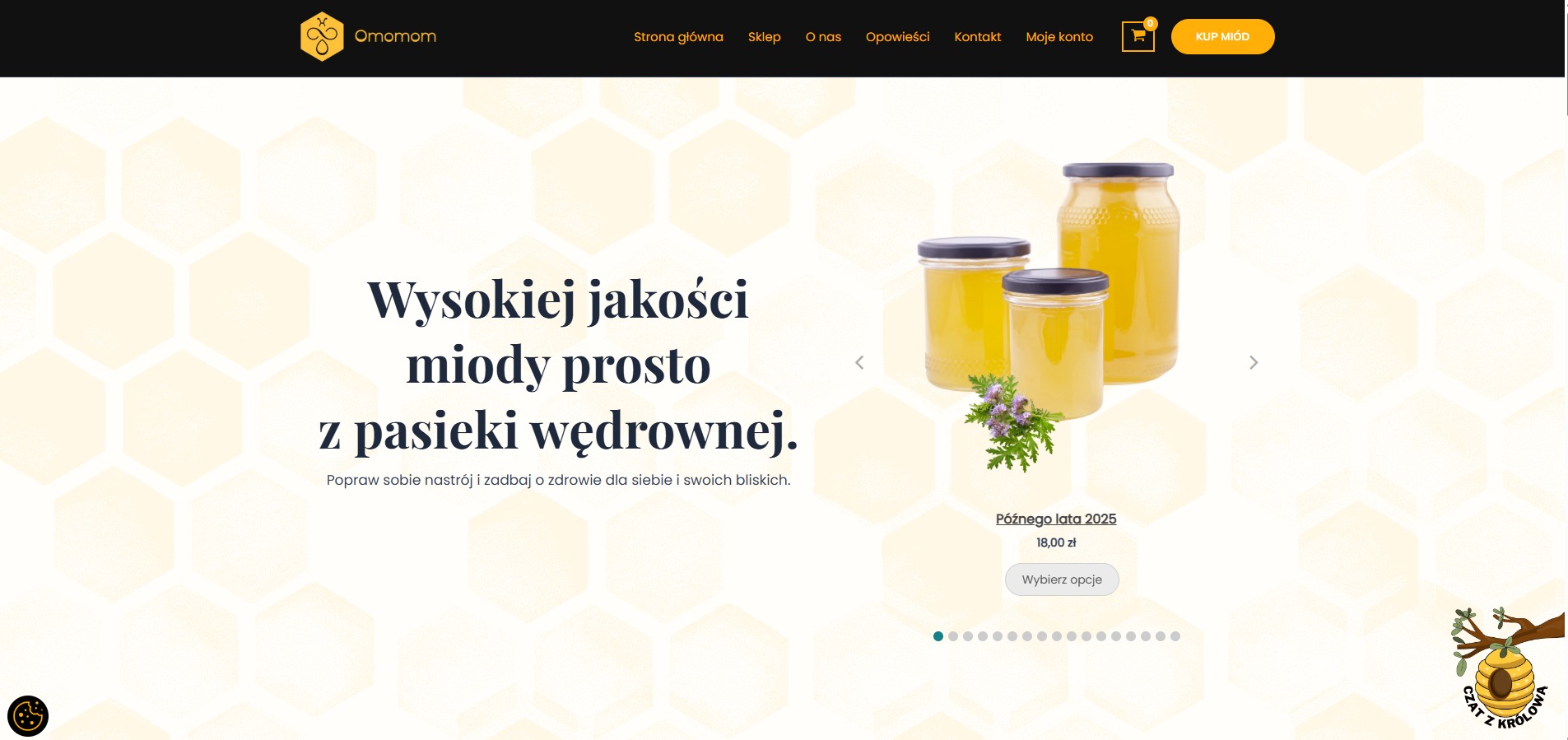 Projekt strony internetowej sklepu z miodami, z trzema słoikami miodu na tle plastra miodu, minimalistyczny design, czcionka bezszeryfowa, przyjazny interfejs.