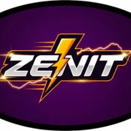 Grafika z napisem ZENIT i symbolem błyskawicy na fioletowym tle w czarnej obwódce, przypominająca logo lub ikonę o energetycznym charakterze.
