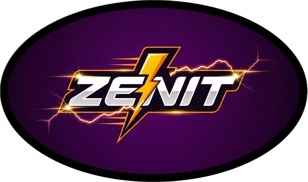 Grafika z napisem ZENIT i symbolem błyskawicy na fioletowym tle w czarnej obwódce, przypominająca logo lub ikonę o energetycznym charakterze.