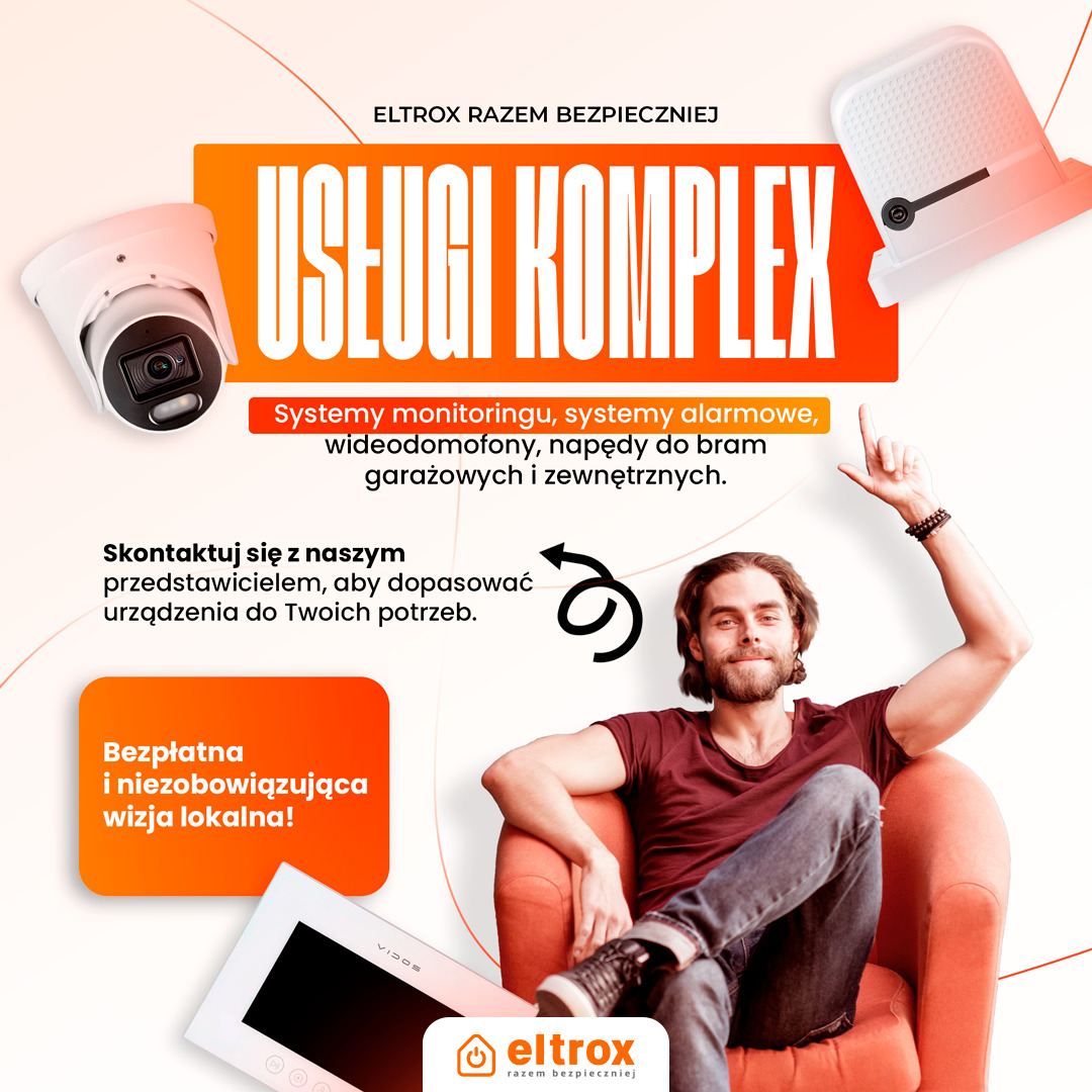 Kompleksowe usługi Eltrox: systemy monitoringu, alarmowe, wideodomofony i automatyka bram. Mężczyzna w fotelu zaprasza do kontaktu. Bezpłatna wizja lokalna.
