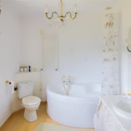 Jasna łazienka z wanną narożną, toaletą i oknem. Kryształowy żyrandol dodaje elegancji. Uwagę zwraca złota armatura i dekoracyjne zasłony przy oknie.