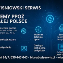 Grafika reklamowa: Systemy PPOŻ Wiśniowski Serwis w całej Polsce, gaszenie gazem, detekcja pożaru, oddymianie, wczesna detekcja dymu, serwis techniczny budynków.