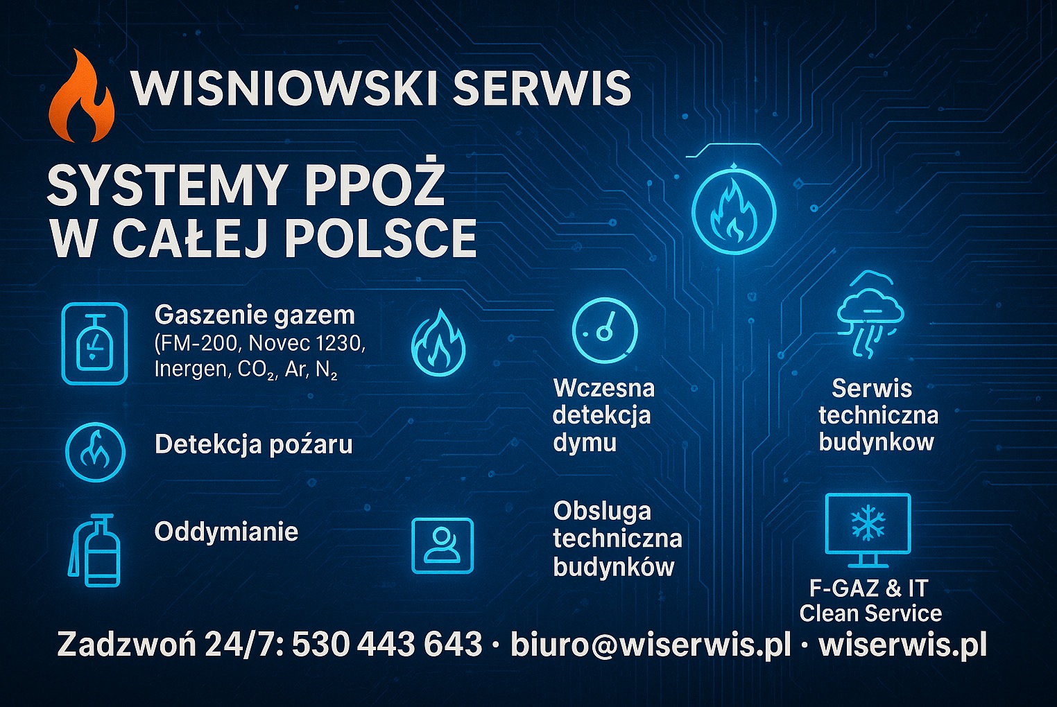 Grafika reklamowa: Systemy PPOŻ Wiśniowski Serwis w całej Polsce, gaszenie gazem, detekcja pożaru, oddymianie, wczesna detekcja dymu, serwis techniczny budynków.