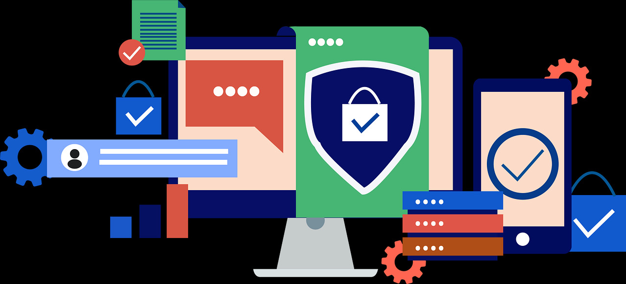 Ilustracja wektorowa przedstawiająca zabezpieczenia IT: komputer, smartfon, kłódka w tarczy, chmurka dymku, koła zębate, dokumenty i serwery na czarnym tle.