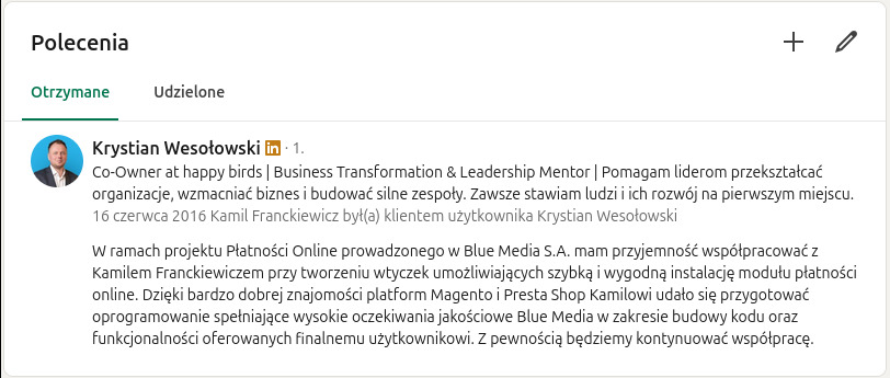 Referencja dla Krystiana Wesołowskiego, Co-Ownera w happy birds, dotycząca projektu Płatności Online dla Blue Media S.A. z pochwałą za wtyczki do Magento i Presta Shop.