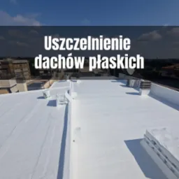 Biała, żywiczna powłoka uszczelniająca na płaskim dachu budynku, z widocznymi elementami konstrukcyjnymi i pojemnikiem z farbą. W tle zabudowa miejska i błękitne niebo.