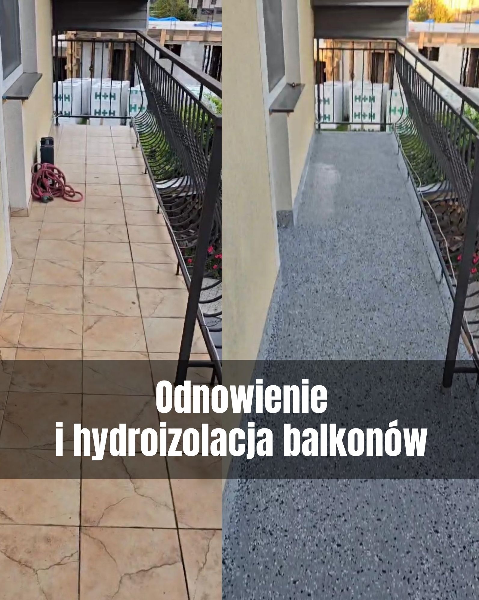 Balkon przed i po renowacji: stare płytki vs. nowa, szara posadzka z żywicy. Widoczne detale balustrady i ściany budynku. Renowacja balkonu z hydroizolacją.