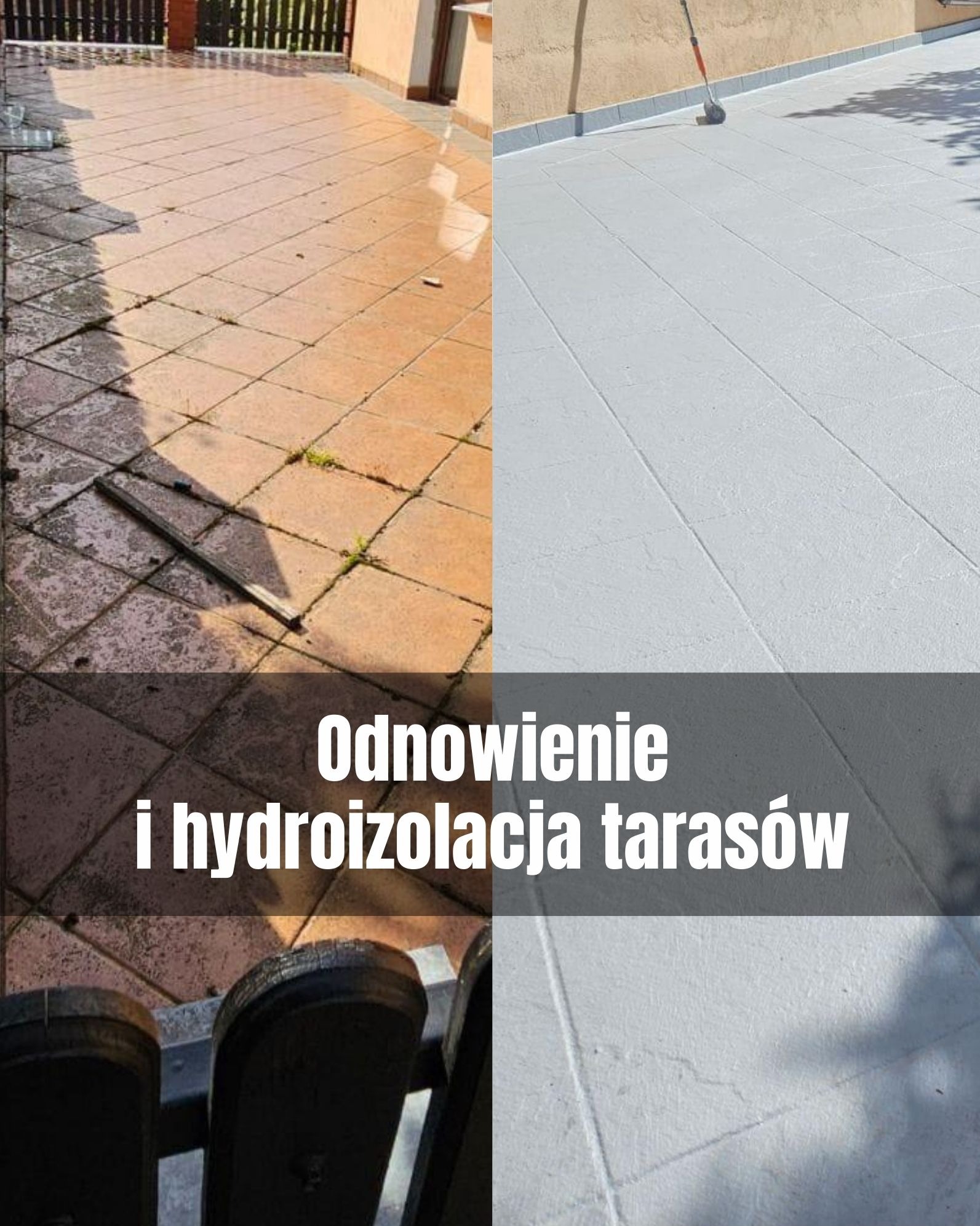 Taras przed i po renowacji. Po lewej stronie stare, brudne płytki, po prawej - taras pokryty jasną, gładką powłoką z widocznym wałkiem do malowania.