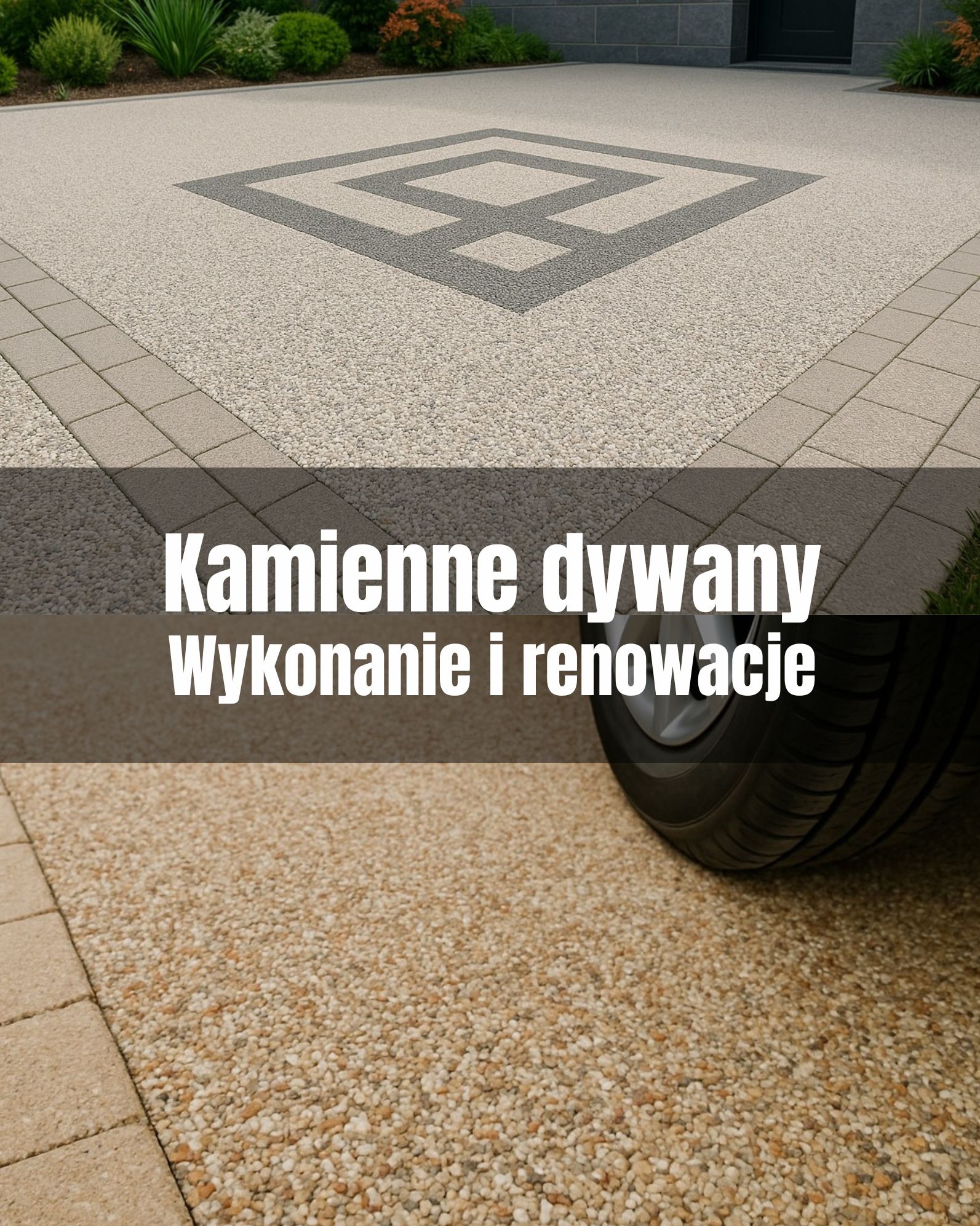 Kamienny dywan na podjeździe z dekoracyjnym wzorem i obrzeżami z kostki. Częściowo widoczne koło samochodu. Jasna kolorystyka kruszywa.