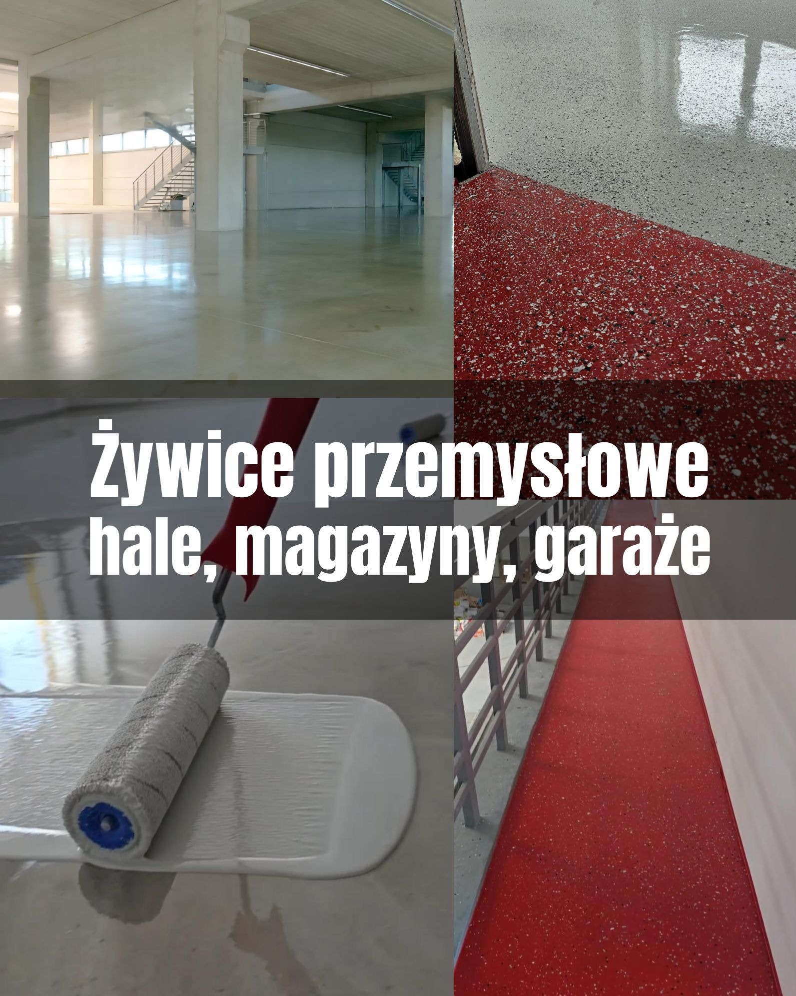 Kolaż: hala z posadzką żywiczną, czerwona posadzka z kruszywem, wałek malarski aplikujący żywicę na podłogę. Przemysłowe posadzki żywiczne.