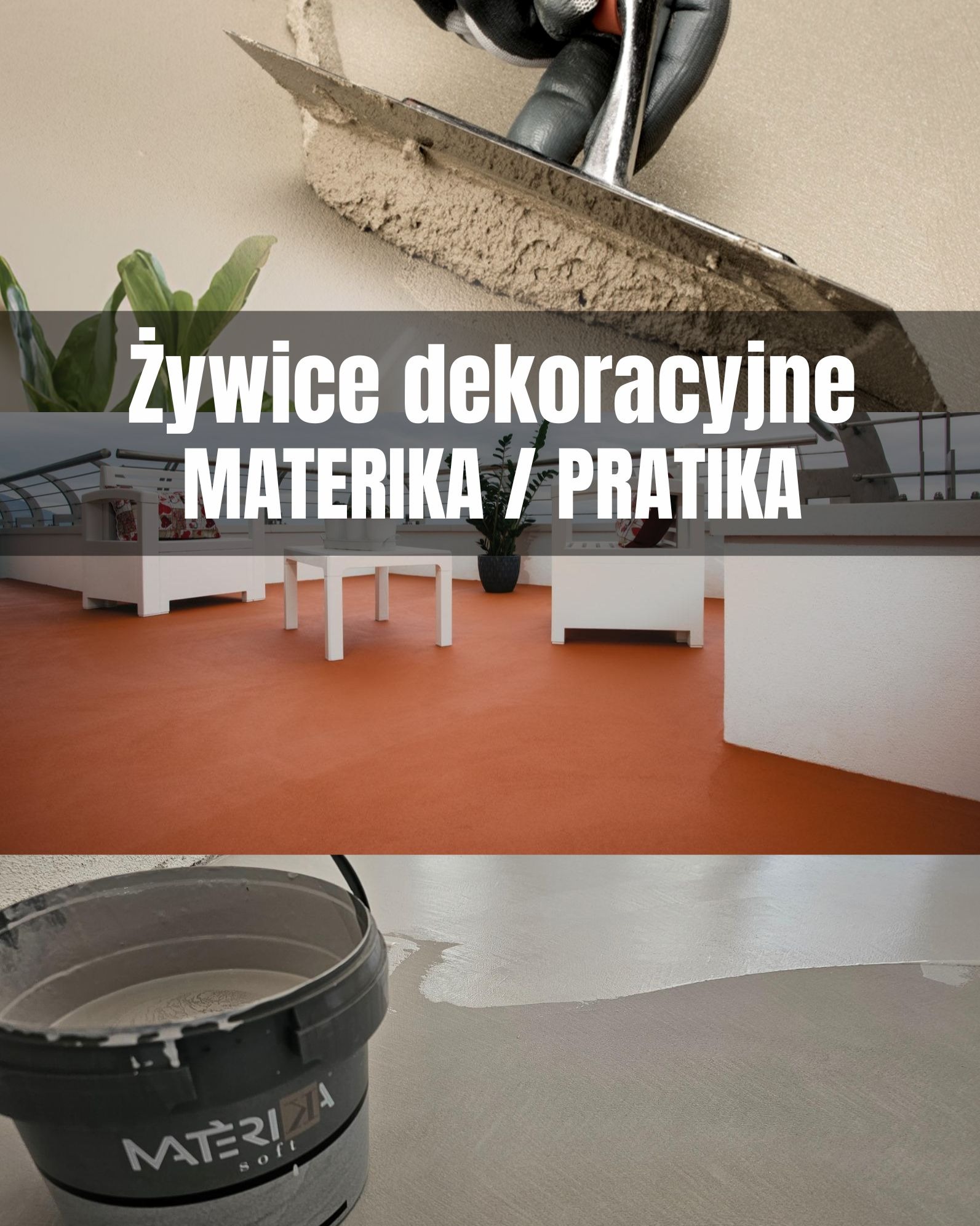 Aplikacja dekoracyjnej żywicy na podłodze. Widoczna szpachelka z masą, wiadro z żywicą i fragment wykończonej pomarańczowej posadzki na tarasie.