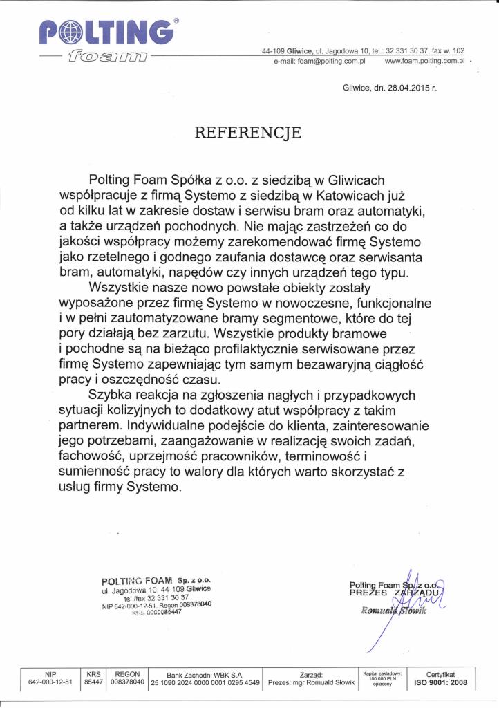 referencje z Firmy Polting Foam