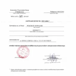 Skan zaświadczenia o wpisie na listę kwalifikowanych pracowników zabezpieczenia technicznego, wydanego przez Komendanta Wojewódzkiego Policji w Bydgoszczy.