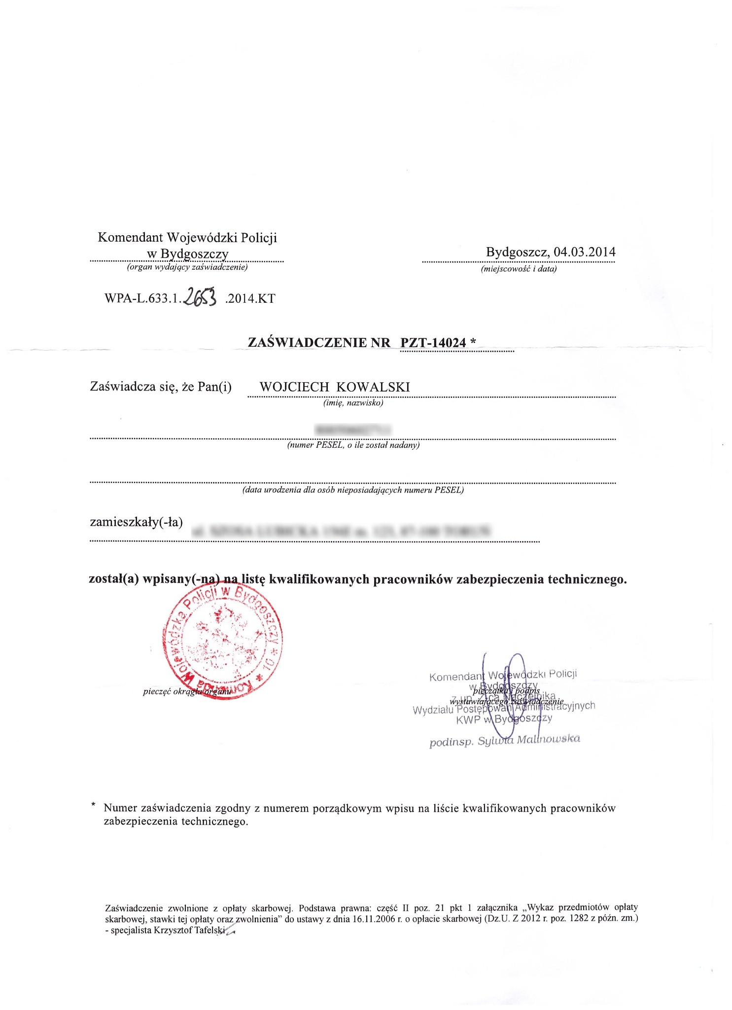 Skan zaświadczenia o wpisie na listę kwalifikowanych pracowników zabezpieczenia technicznego, wydanego przez Komendanta Wojewódzkiego Policji w Bydgoszczy.