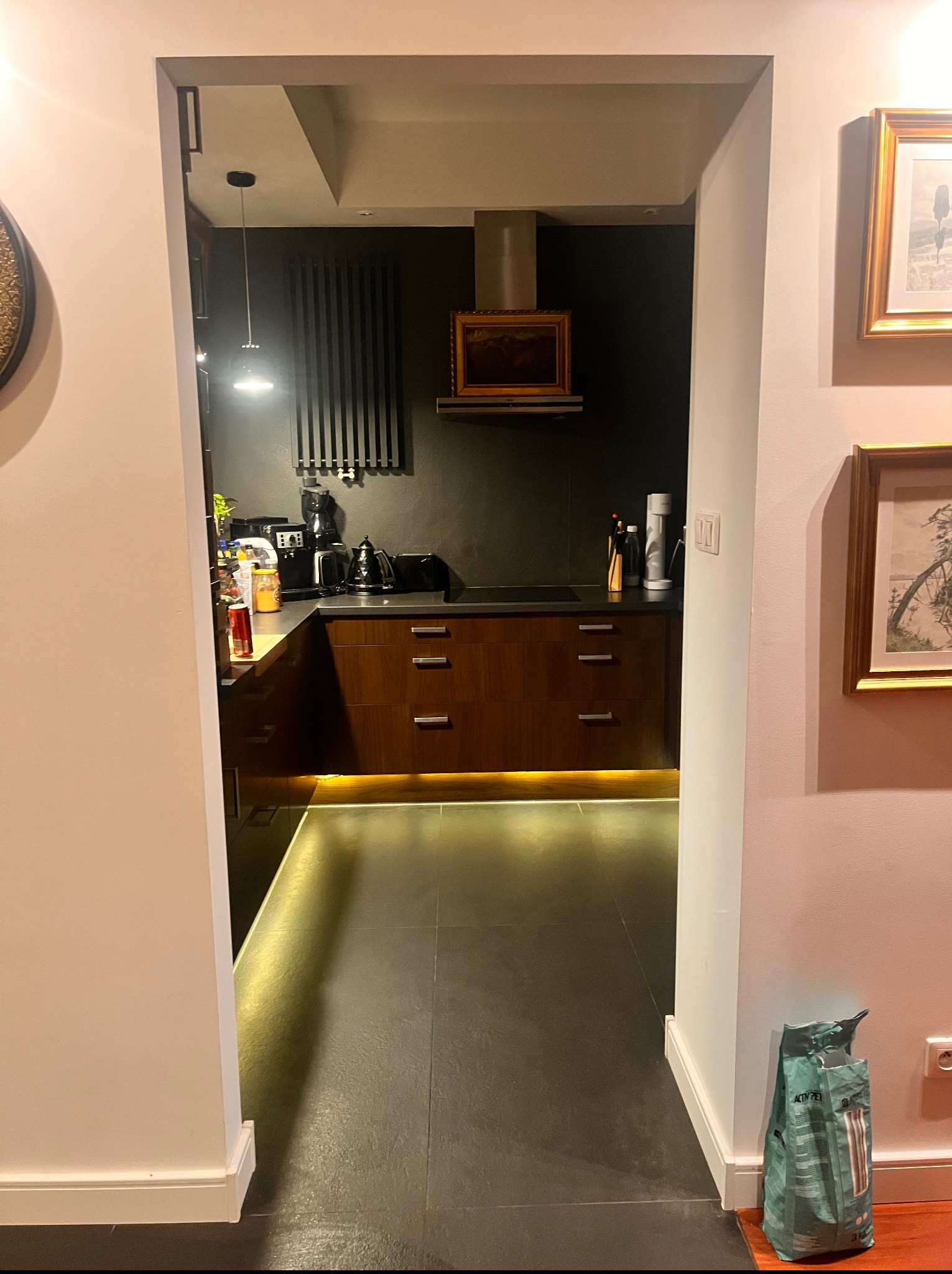 Elegancka, ciemna kuchnia widziana z przedpokoju. Podświetlane szafki dolne, czarne ściany, nowoczesny design. Na podłodze ciemne płytki. W tle widoczne akcesoria kuchenne.