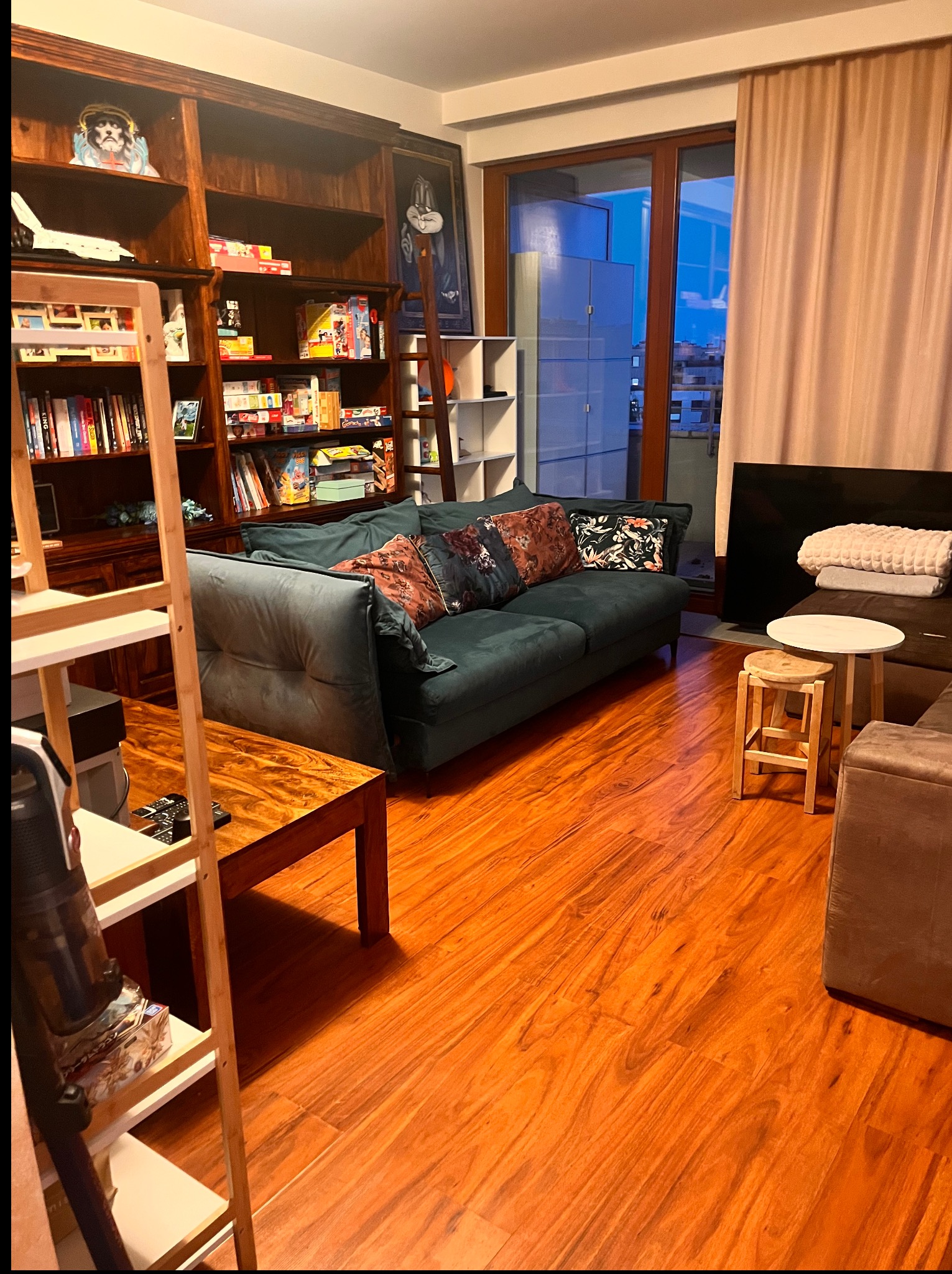 Uporządkowany salon z drewnianą podłogą, regałem pełnym książek i gier, zieloną sofą z wzorzystymi poduszkami oraz stolikiem kawowym. Widok na balkon przez przeszklone drzwi.