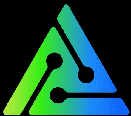 Abstrakcyjny, gradientowy logotyp w kształcie trójkąta z zaokrąglonymi elementami, na czarnym tle. Kolory przechodzą od zieleni do błękitu.