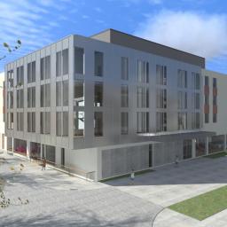 Marcin Szymański Architekci-pracownia projektowa - Wizualizacja 3D nowoczesnego budynku biurowego z fasadą z paneli aluminiowych i dużymi oknami, widziana z perspektywy pieszego, z elementami krajobrazu miejskiego i fragmentami drzew w tle.