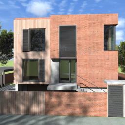 Marcin Szymański Architekci-pracownia projektowa - Wizualizacja domu jednorodzinnego z elementami drewna i cegły, z minimalistyczną pergolą w tle i numerem domu '4a' na betonowym elemencie ogrodzenia.