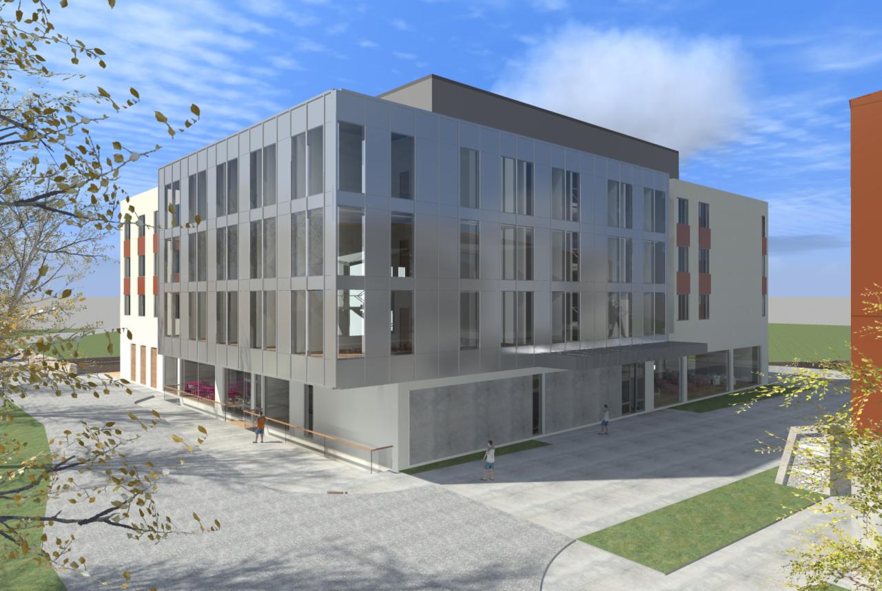 Wizualizacja 3D nowoczesnego budynku biurowego z fasadą z paneli aluminiowych i dużymi oknami, widziana z perspektywy pieszego, z elementami krajobrazu miejskiego i fragmentami drzew w tle.