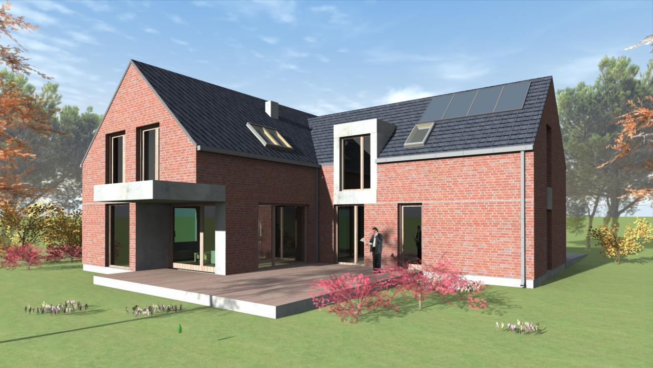 Wizualizacja domu jednorodzinnego z czerwonej cegły z szarym dachem, panelami słonecznymi i dużymi oknami, otoczona zielenią i drzewami, z postacią architekta trzymającego plany przed wejściem.