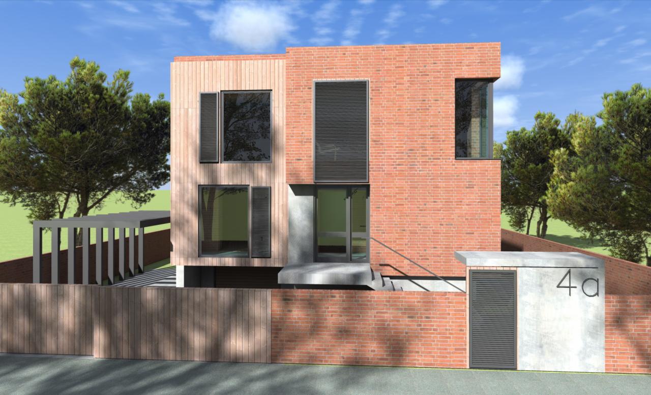 Wizualizacja domu jednorodzinnego z elementami drewna i cegły, z minimalistyczną pergolą w tle i numerem domu '4a' na betonowym elemencie ogrodzenia.
