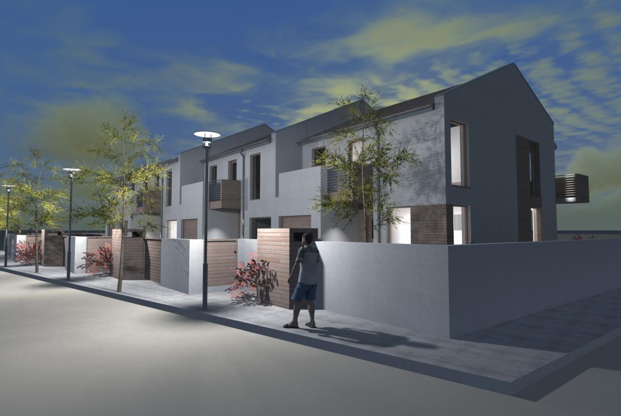 Wizualizacja szeregu nowoczesnych domów jednorodzinnych z płaskimi dachami, niskimi ogrodzeniami i oświetleniem ulicznym, widziana z perspektywy przechodnia.