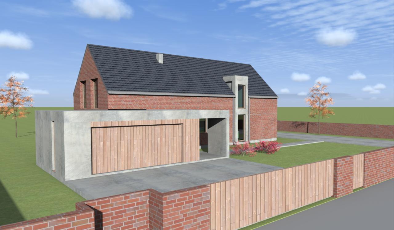 Wizualizacja domu jednorodzinnego z garażem, prezentująca elewację z czerwonej cegły, szarą dachówką i drewnianą bramą garażową, otoczonego zielonym trawnikiem i ogrodzeniem z cegły i drewna.