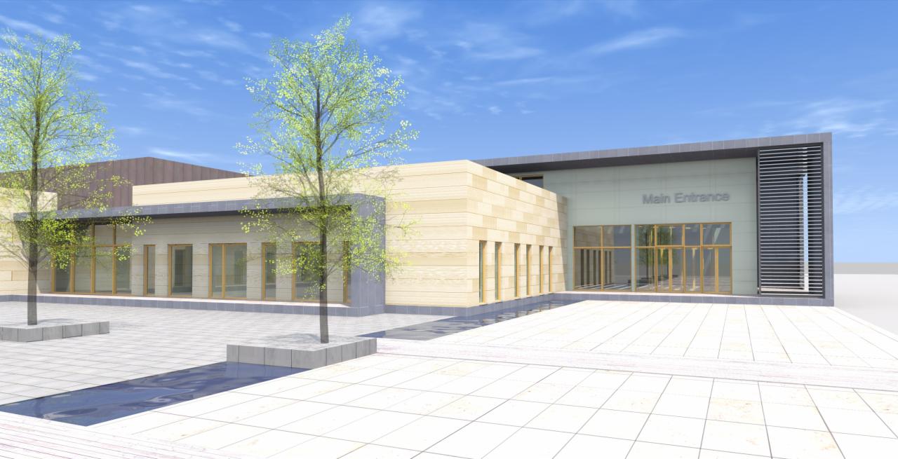 Wizualizacja budynku z napisem 'Main Entrance', otoczonego drzewami i płytami chodnikowymi z elementami wodnymi.