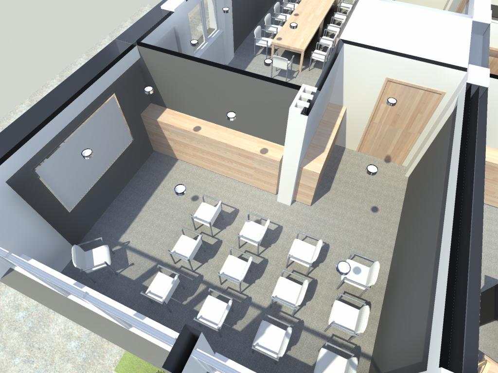 Wizualizacja 3D biura z salą konferencyjną, widok z góry, drewniana lada recepcyjna i krzesła dla gości.