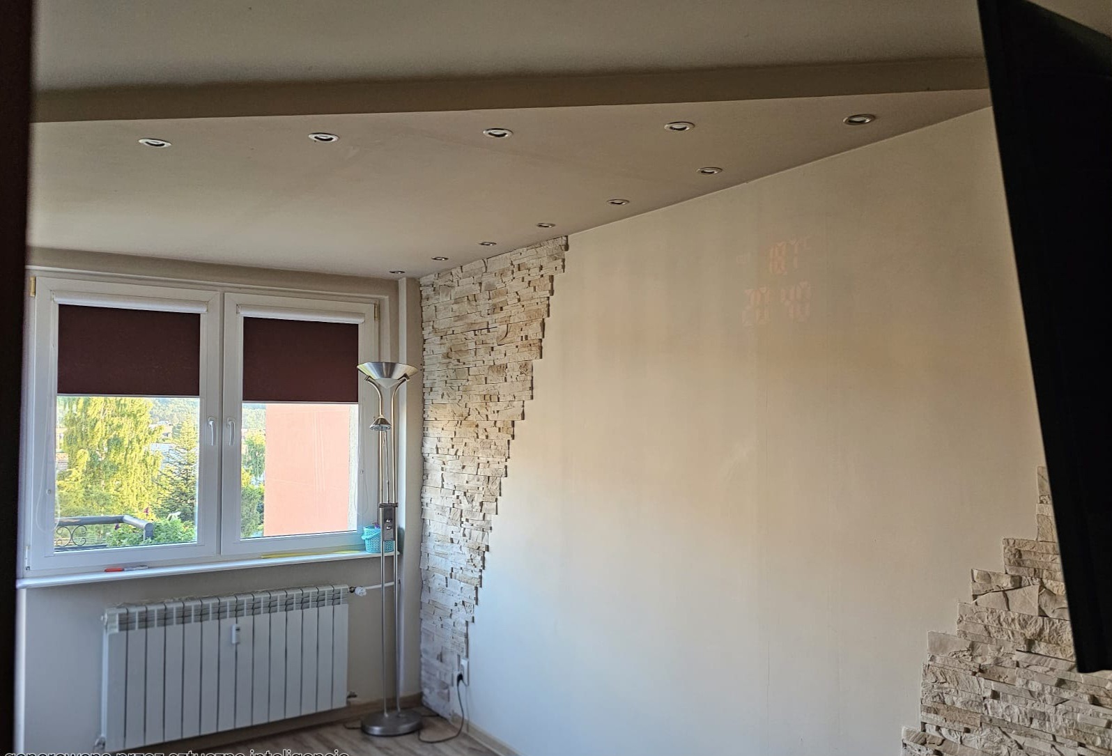 Pokój po remoncie z fragmentem ściany wykończonym dekoracyjnym kamieniem, widok na okno z roletami i grzejnik. Nowoczesne oświetlenie sufitowe.