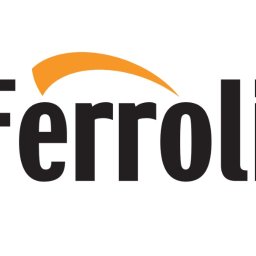 Pawel Pisula - Logo Ferroli: czarny napis z pomarańczowym łukiem nad nim, na białym tle. Minimalistyczny design, wyraźna typografia, rozpoznawalny znak marki.