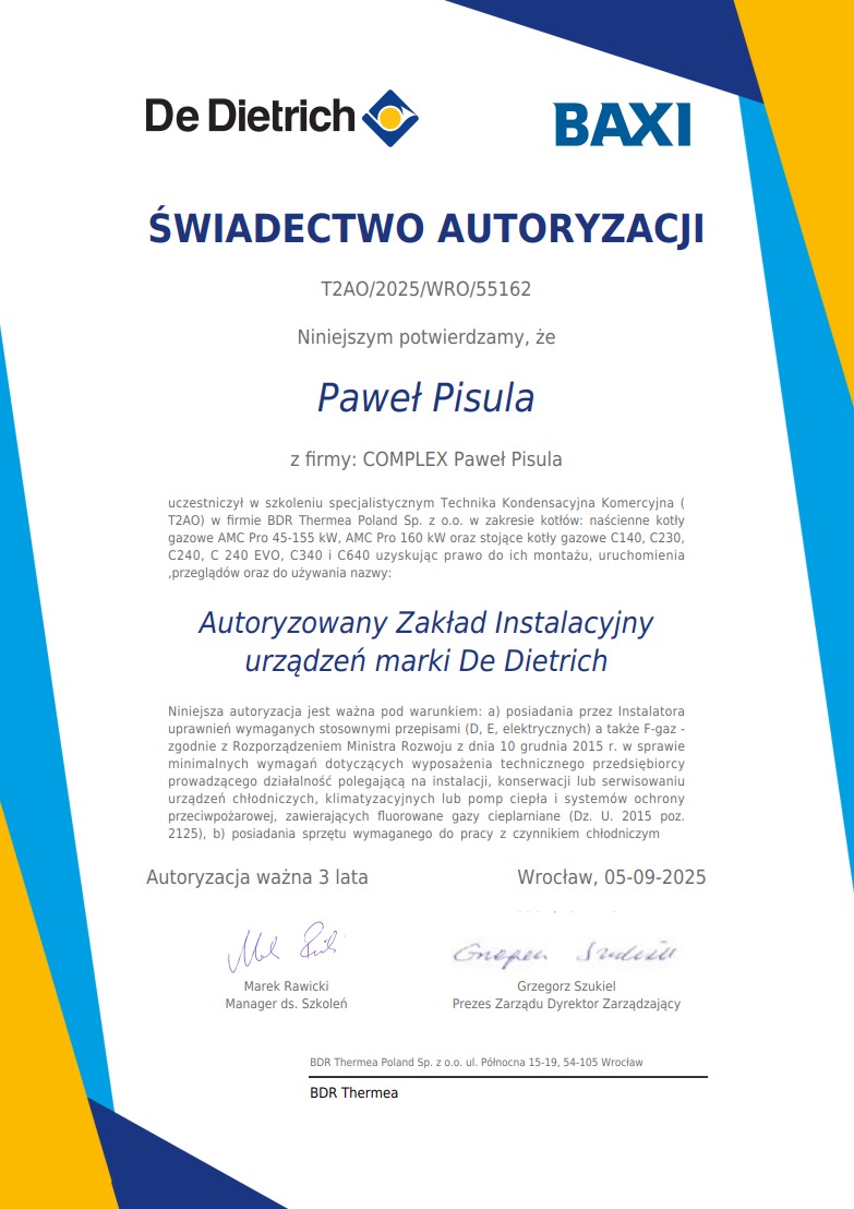 Świadectwo autoryzacji dla Pawła Pisuli od BDR Thermea Poland Sp. z o.o. w zakresie kotłów De Dietrich i Baxi, ważne do 05-09-2025. Dokument z podpisami.