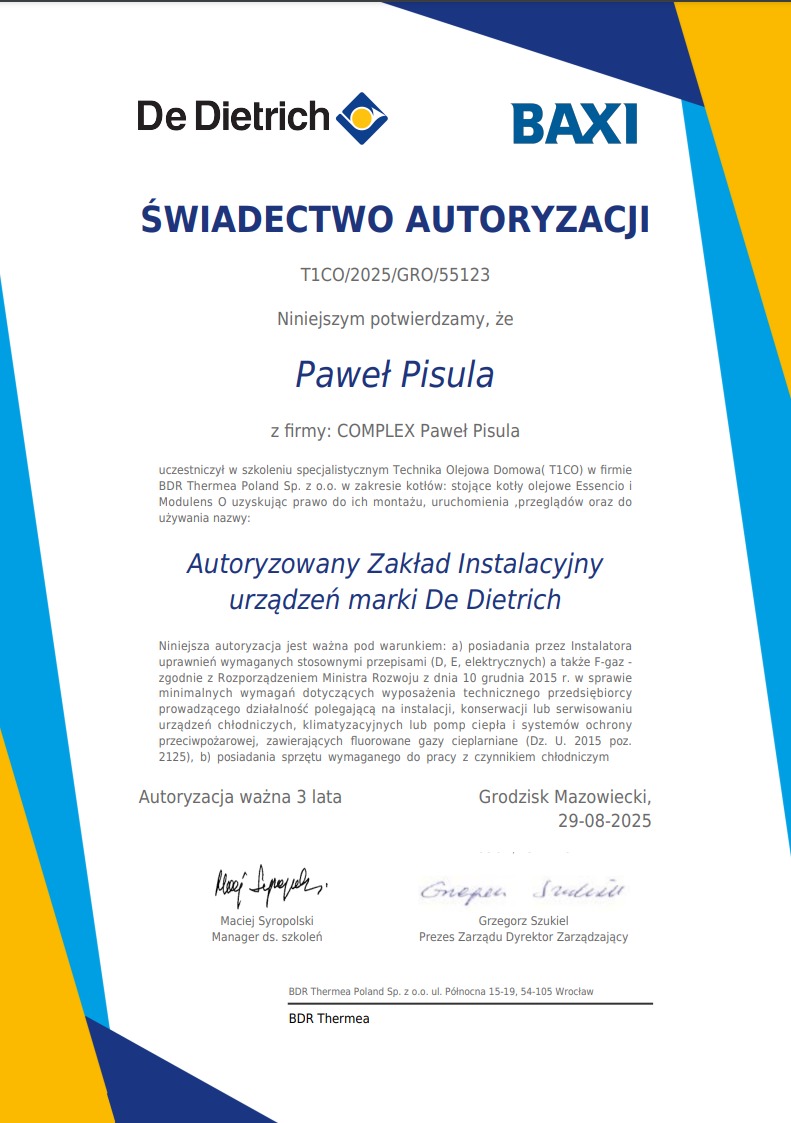 Świadectwo autoryzacji dla Pawła Pisuli z firmy COMPLEX Paweł Pisula na montaż, uruchomienie i przeglądy kotłów De Dietrich, wydane przez BDR Thermea Poland.