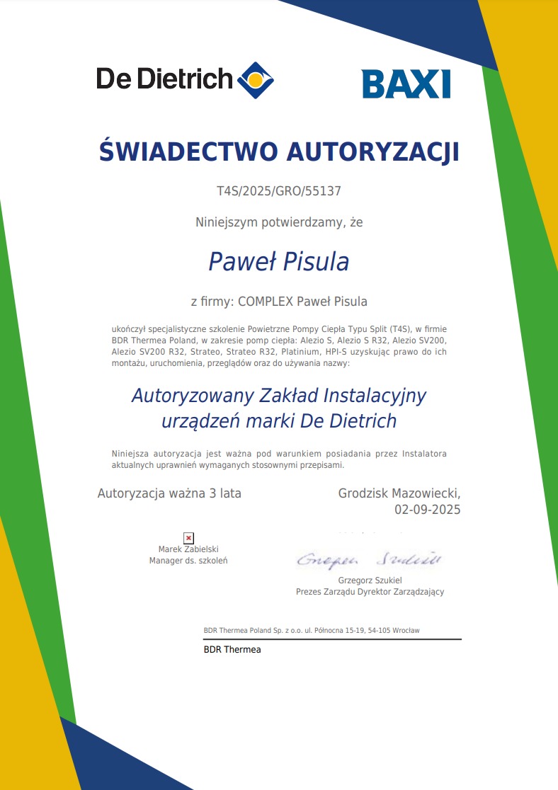 Świadectwo autoryzacji dla Pawła Pisuli na montaż pomp ciepła De Dietrich i BAXI, z datą ważności do 02-09-2025, podpisane przez Marka Zabielskiego i Grzegorza Szukiela.