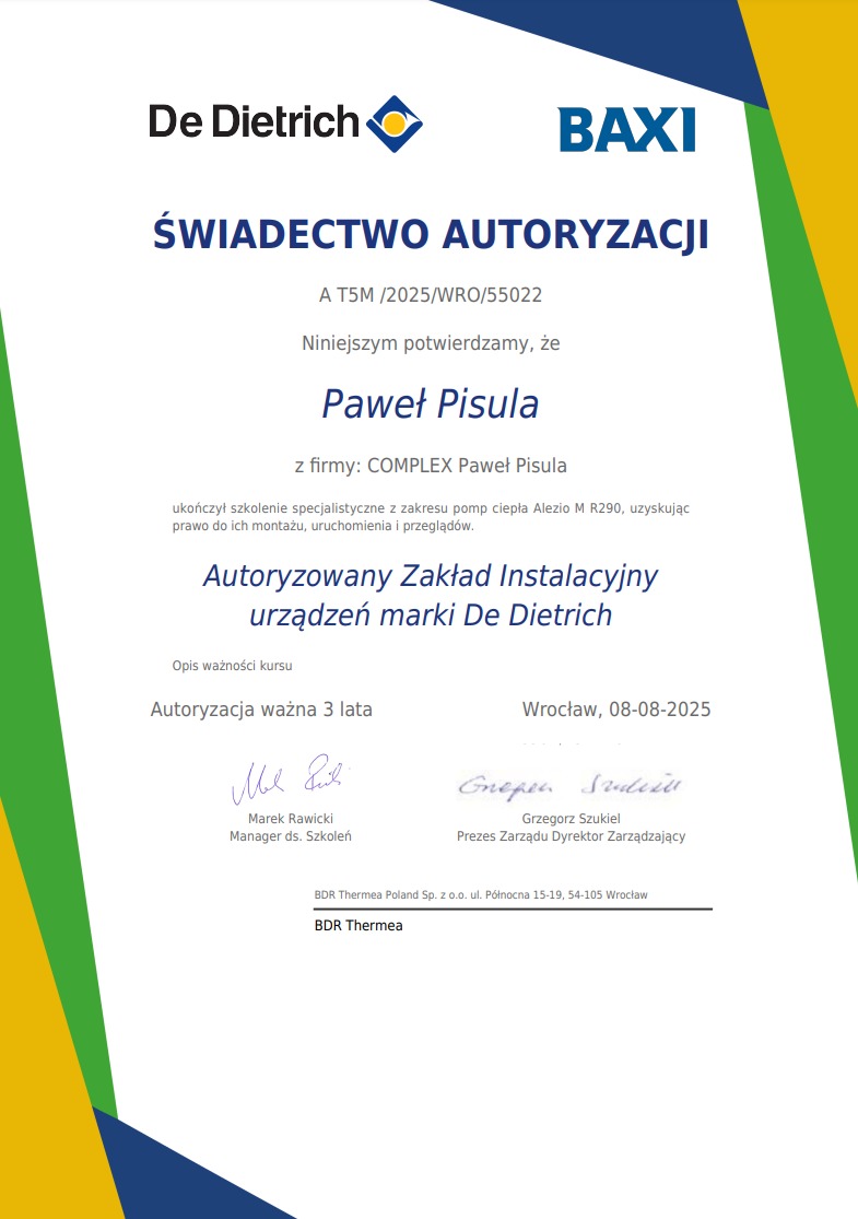 Świadectwo autoryzacji instalatora pomp ciepła Alezio M R290 marki De Dietrich i Baxi. Dokument z podpisami, potwierdzający uprawnienia do montażu i serwisu.