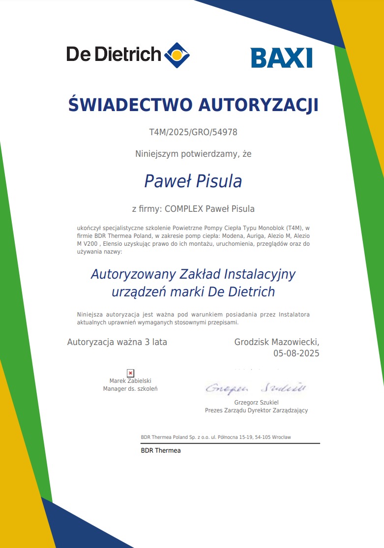 Świadectwo autoryzacji dla Pawła Pisuli z firmy COMPLEX Paweł Pisula na montaż, uruchomienie i przeglądy pomp ciepła De Dietrich, ważne do 05-08-2025.