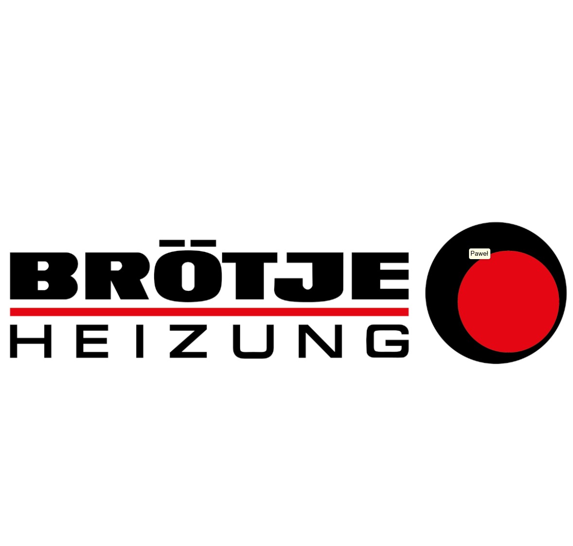 Logo Brötje Heizung: czarny napis z czerwoną linią i okrągłym symbolem z czerwonym kołem w czarnej obwódce na białym tle. Minimalistyczny design.