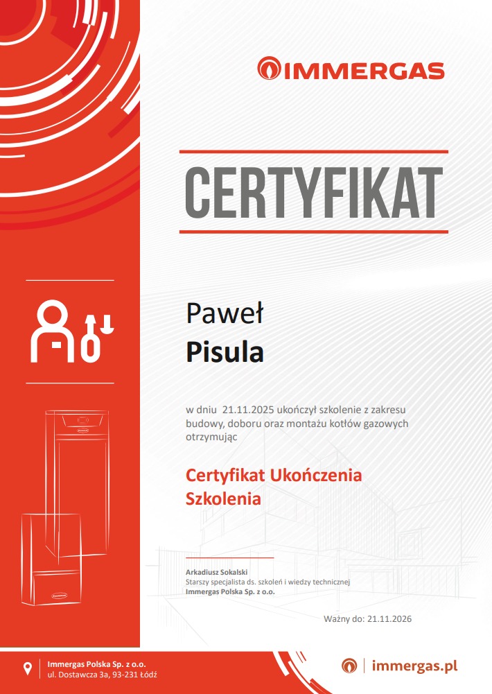 Certyfikat ukończenia szkolenia z zakresu budowy, doboru i montażu kotłów gazowych marki Immergas dla Pawła Pisuli, ważny do 21.11.2026.