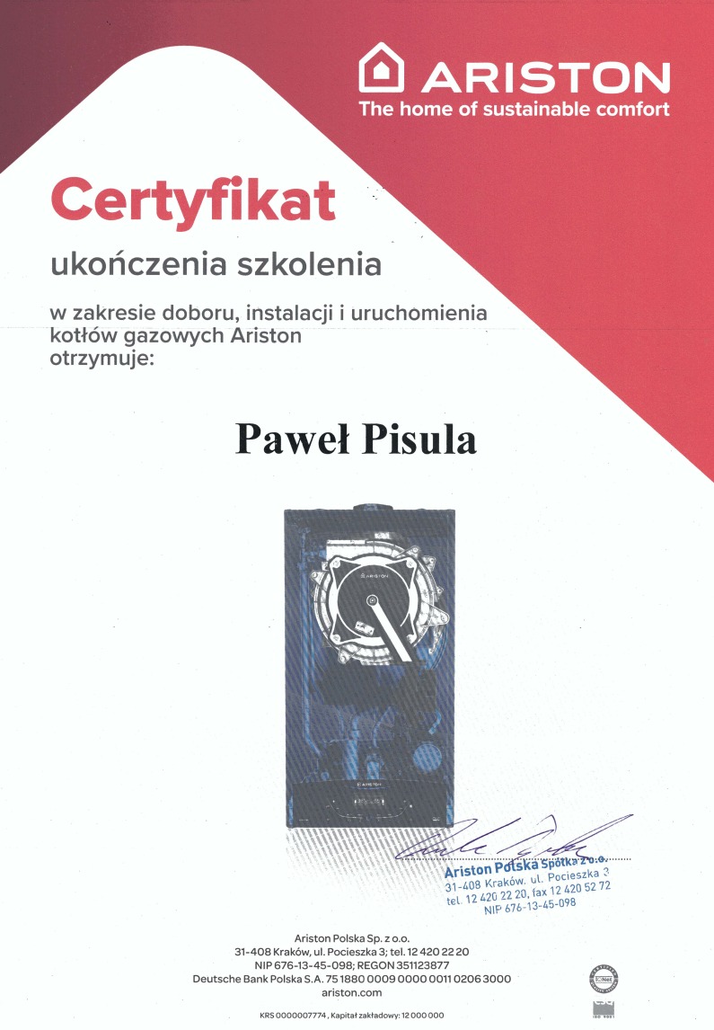 Certyfikat ukończenia szkolenia Ariston dla Pawła Pisuli w zakresie doboru, instalacji i uruchomienia kotłów gazowych. Dokument z logo Ariston i danymi firmy.