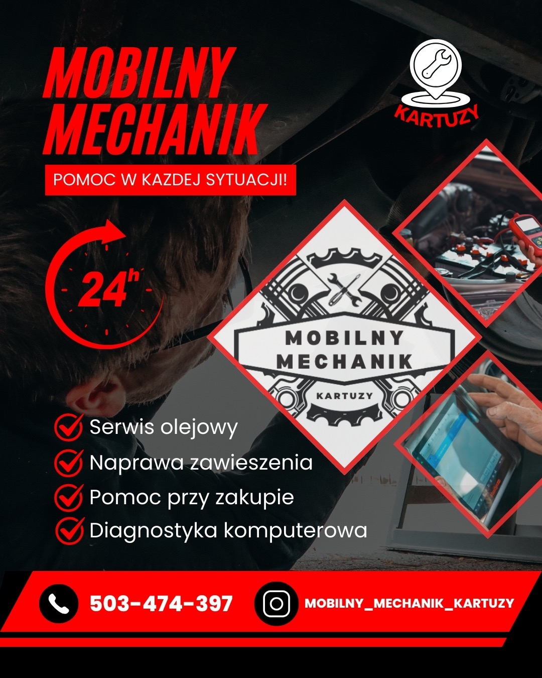 Grafika reklamowa mobilnego mechanika z Kartuz, oferującego serwis olejowy, naprawę zawieszenia, pomoc przy zakupie i diagnostykę komputerową 24h.