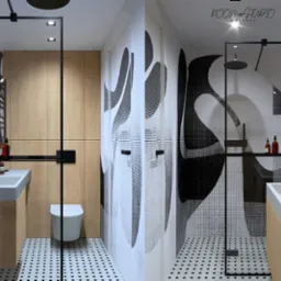 Nowoczesna łazienka z kabiną typu walk-in, umywalką na szafce z drewnianym frontem i geometrycznym wzorem na ścianie. Czarno-biała mozaika na podłodze.