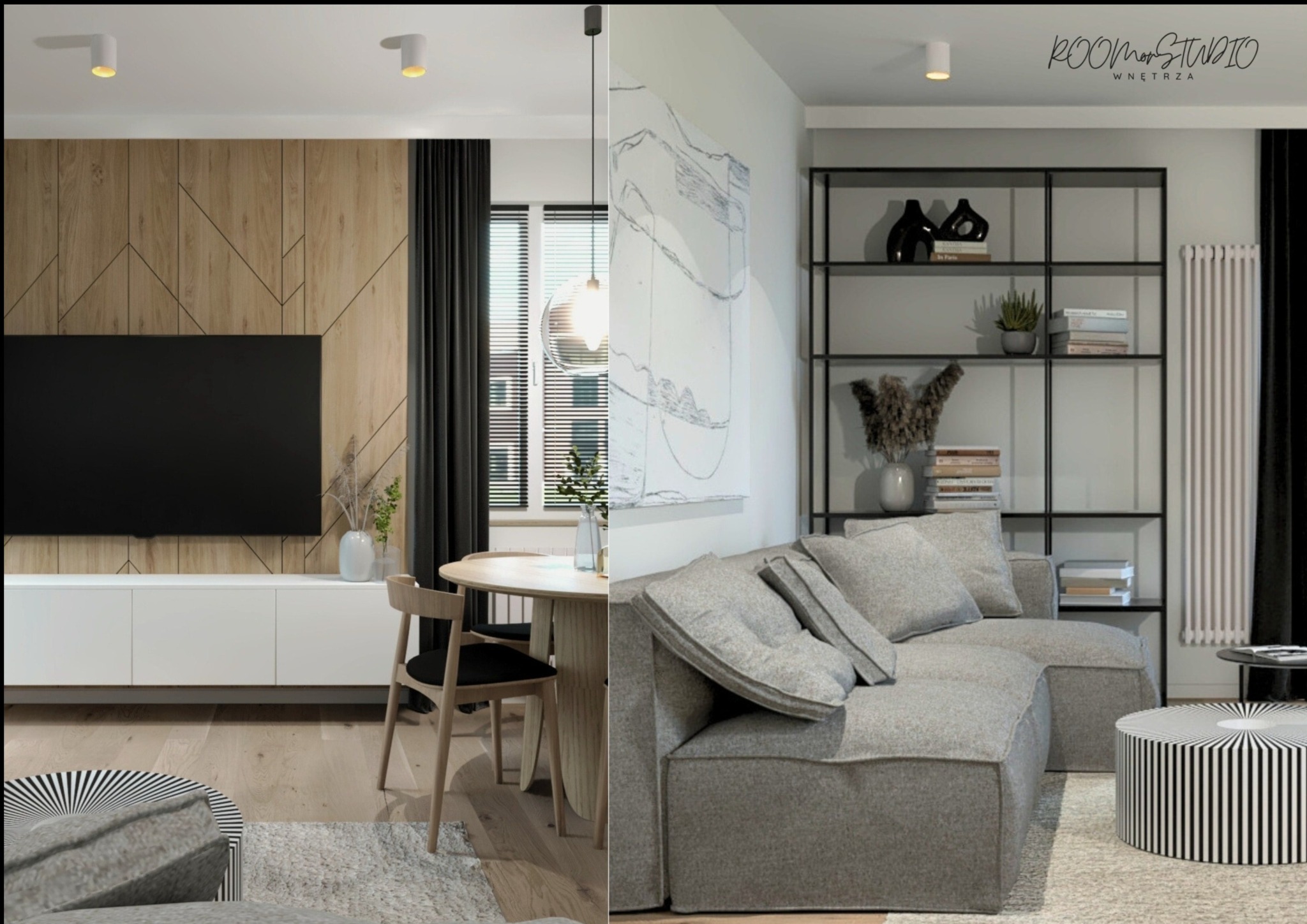 Nowoczesne wnętrze: drewniana ściana z TV, biała komoda, okrągły stół z krzesłami, szara sofa i regał. Minimalistyczny design z dbałością o detale.