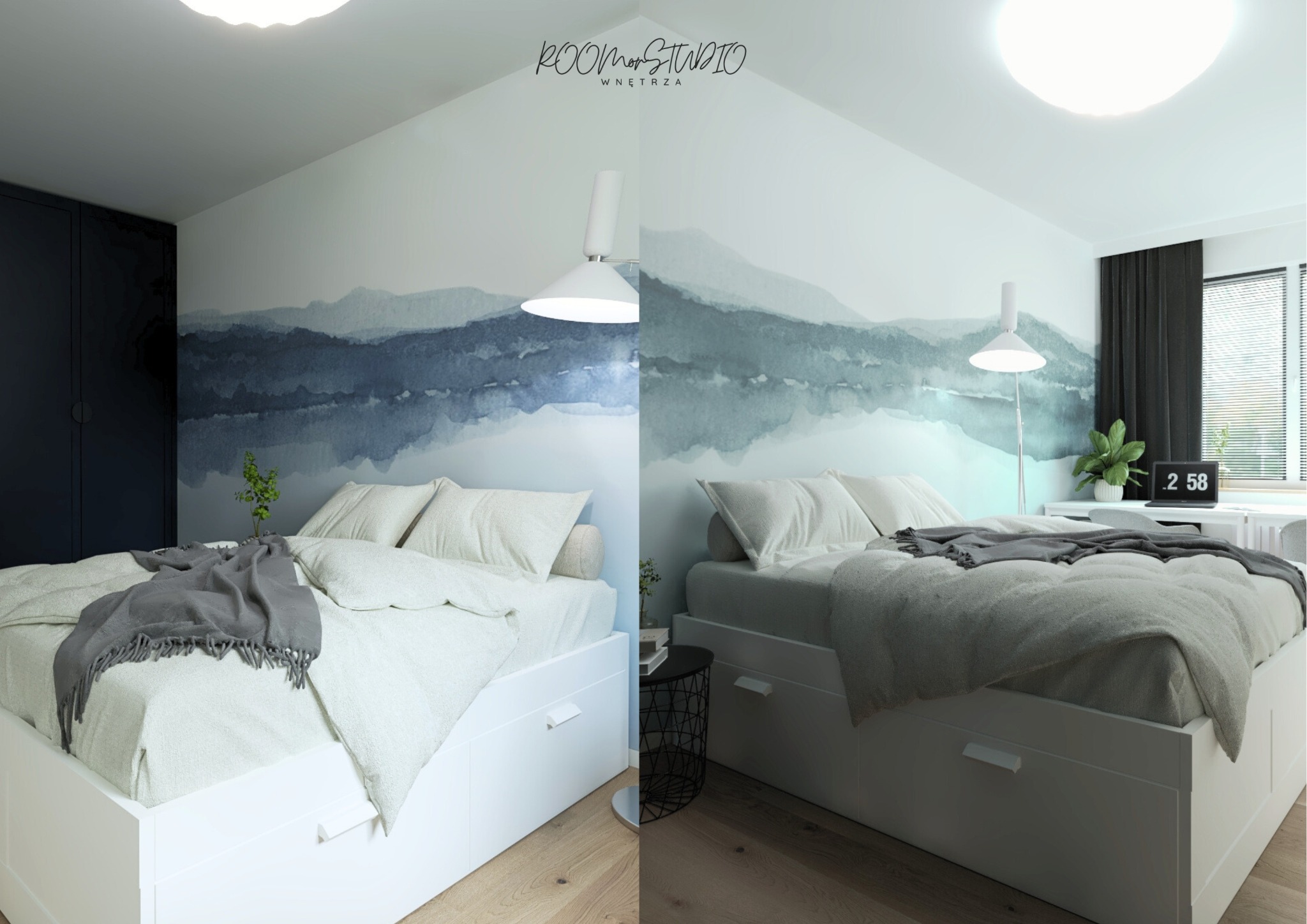 Kreatywna aranżacja sypialni z łóżkiem z szufladami i akwarelową tapetą górską. Nowoczesna lampa podłogowa i minimalistyczne dodatki. Podział kadru na dwie strefy o różnym oświetleniu.