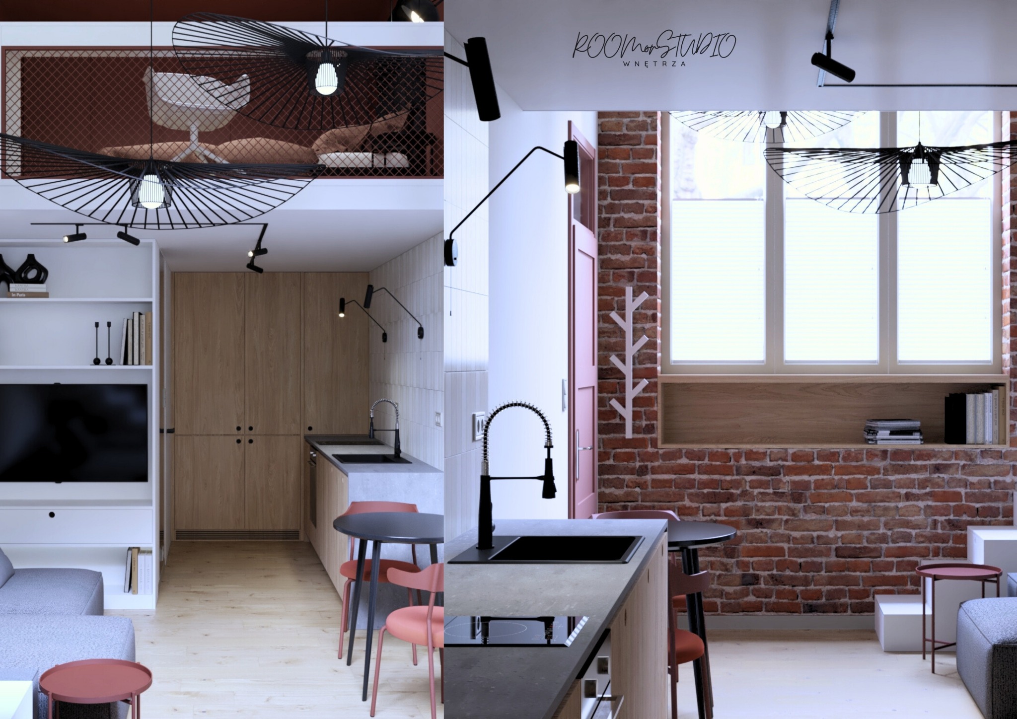 Nowoczesne wnętrze z ceglaną ścianą, drewnianą zabudową kuchenną i designerskimi lampami. Widoczne detale: stół z krzesłami, minimalistyczne oświetlenie, logo 'ROOMonSTUDIO'.