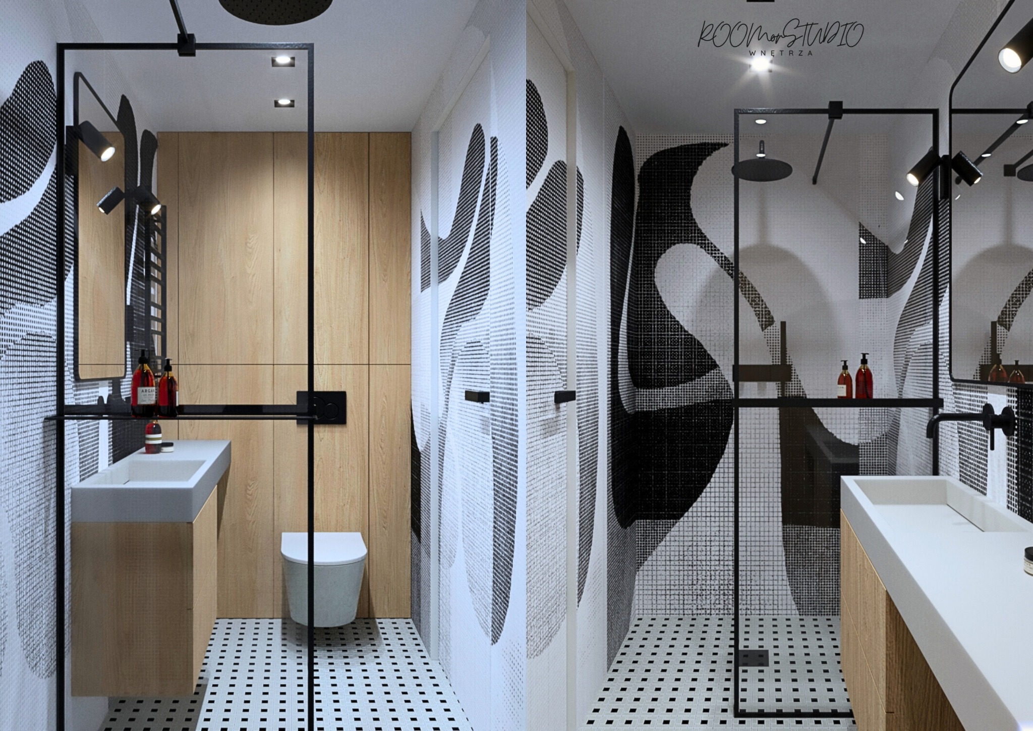 Nowoczesna łazienka z kabiną typu walk-in, umywalką na szafce z drewnianym frontem i geometrycznym wzorem na ścianie. Czarno-biała mozaika na podłodze.