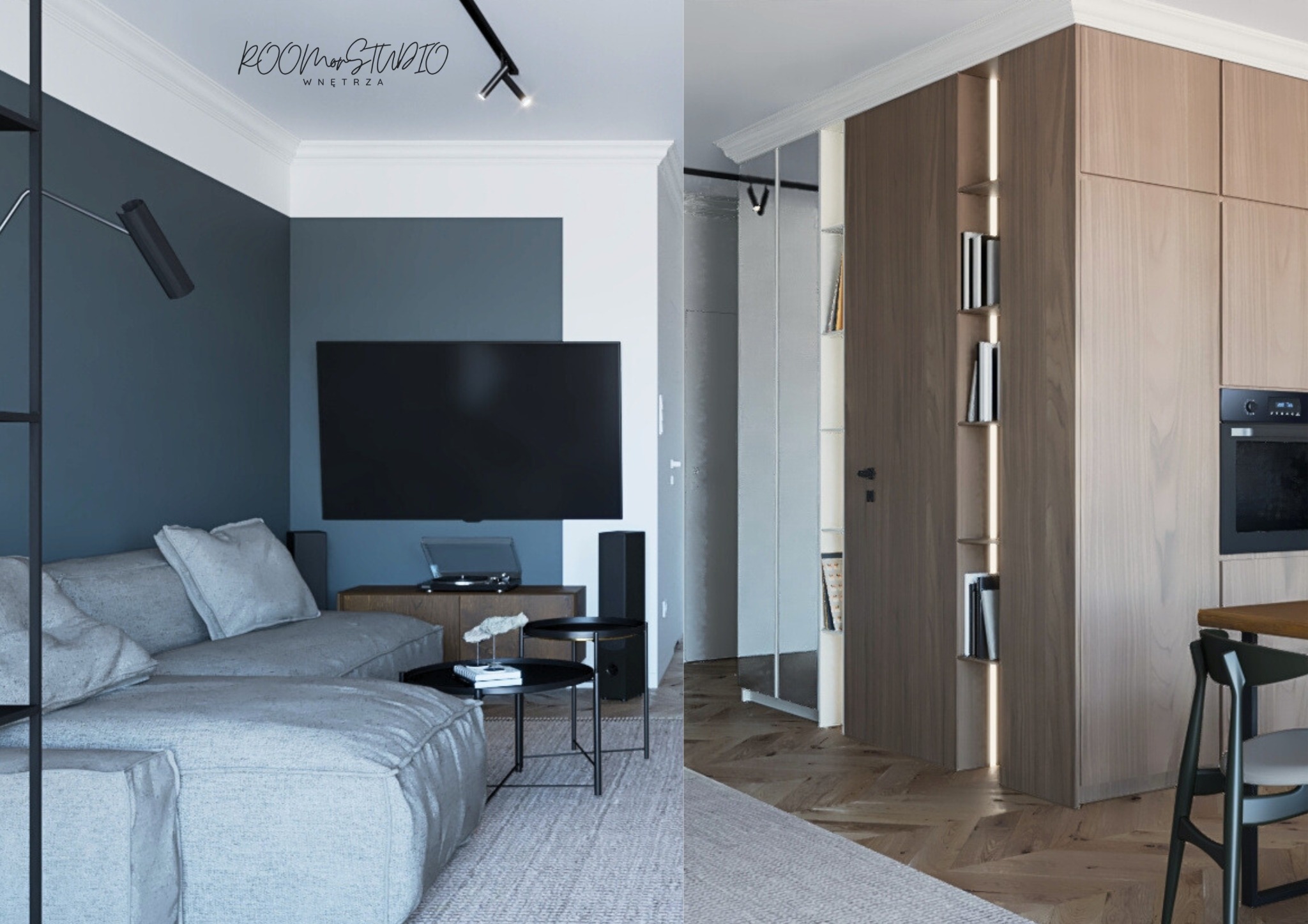 Nowoczesna aranżacja wnętrza w Krakowie: szary narożnik, ciemna ściana za TV, drewniane meble i podłoga. Minimalistyczny design z oświetleniem punktowym.