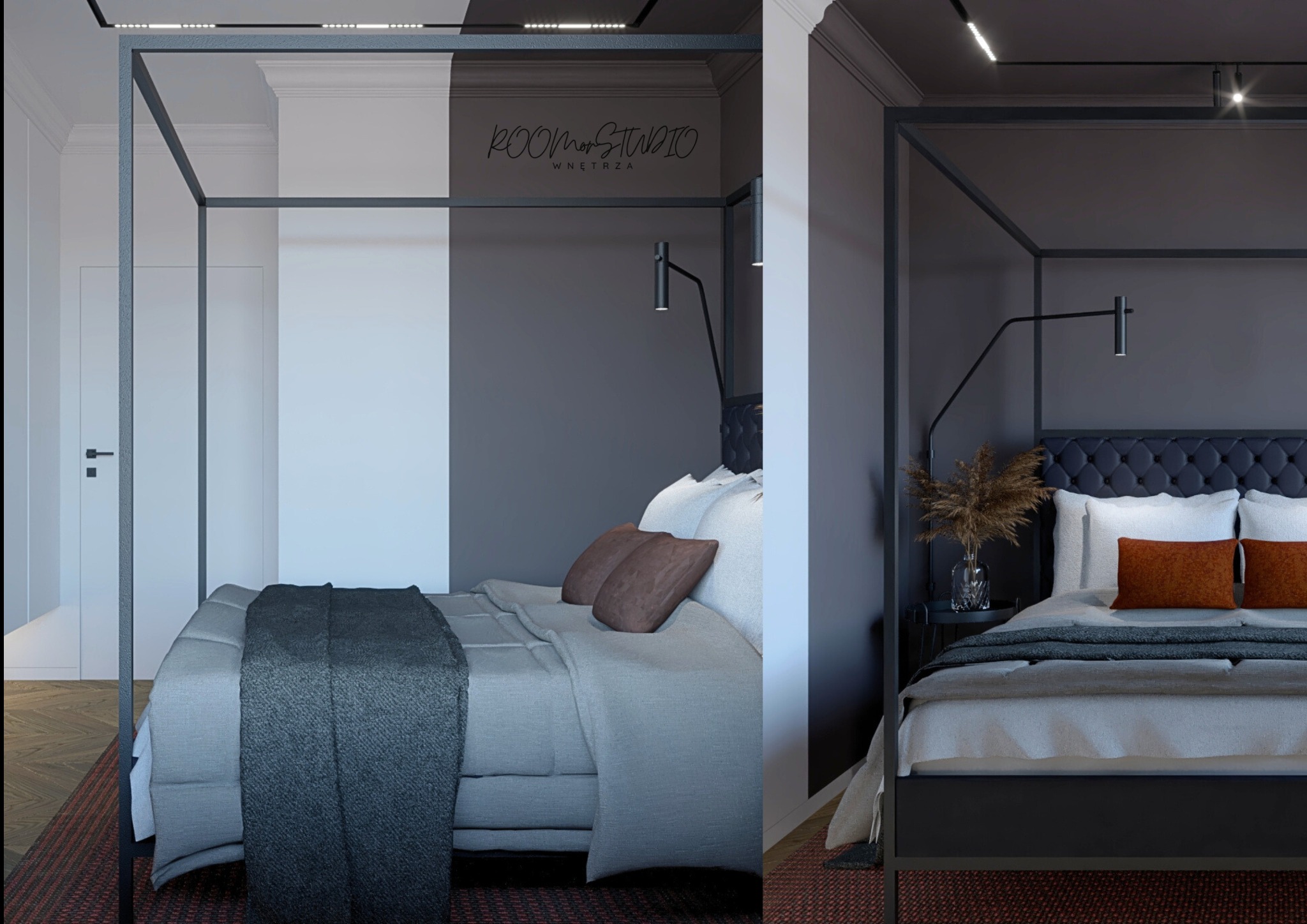Nowoczesna sypialnia z łóżkiem z baldachimem, grafitową ścianą i minimalistyczną lampą. Widok z dwóch perspektyw, ukazujący detale wykończenia i aranżacji.