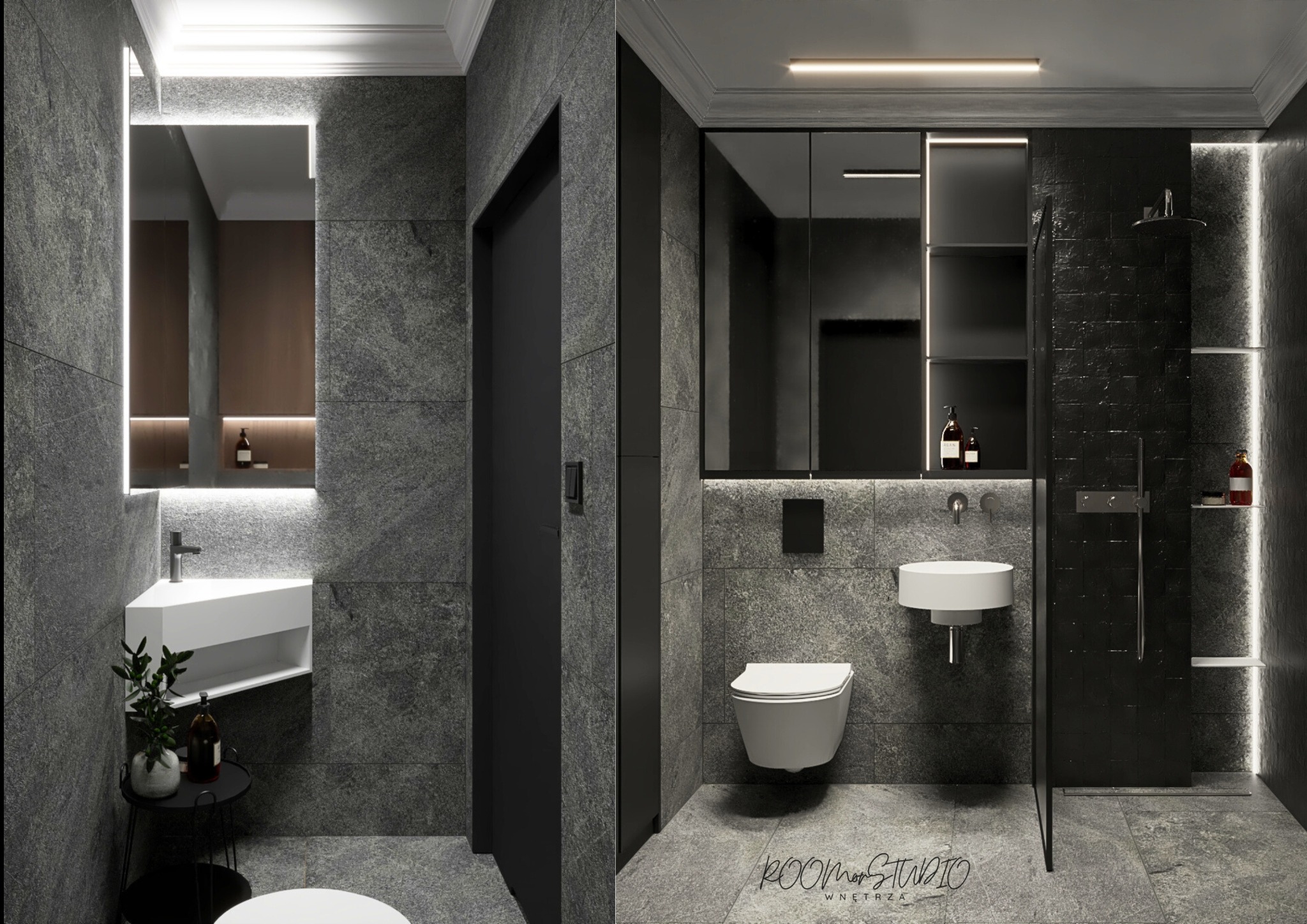 Nowoczesna łazienka w odcieniach szarości i czerni, z minimalistyczną armaturą, oświetleniem LED i akcentami dekoracyjnymi. Widoczne płytki imitujące kamień.