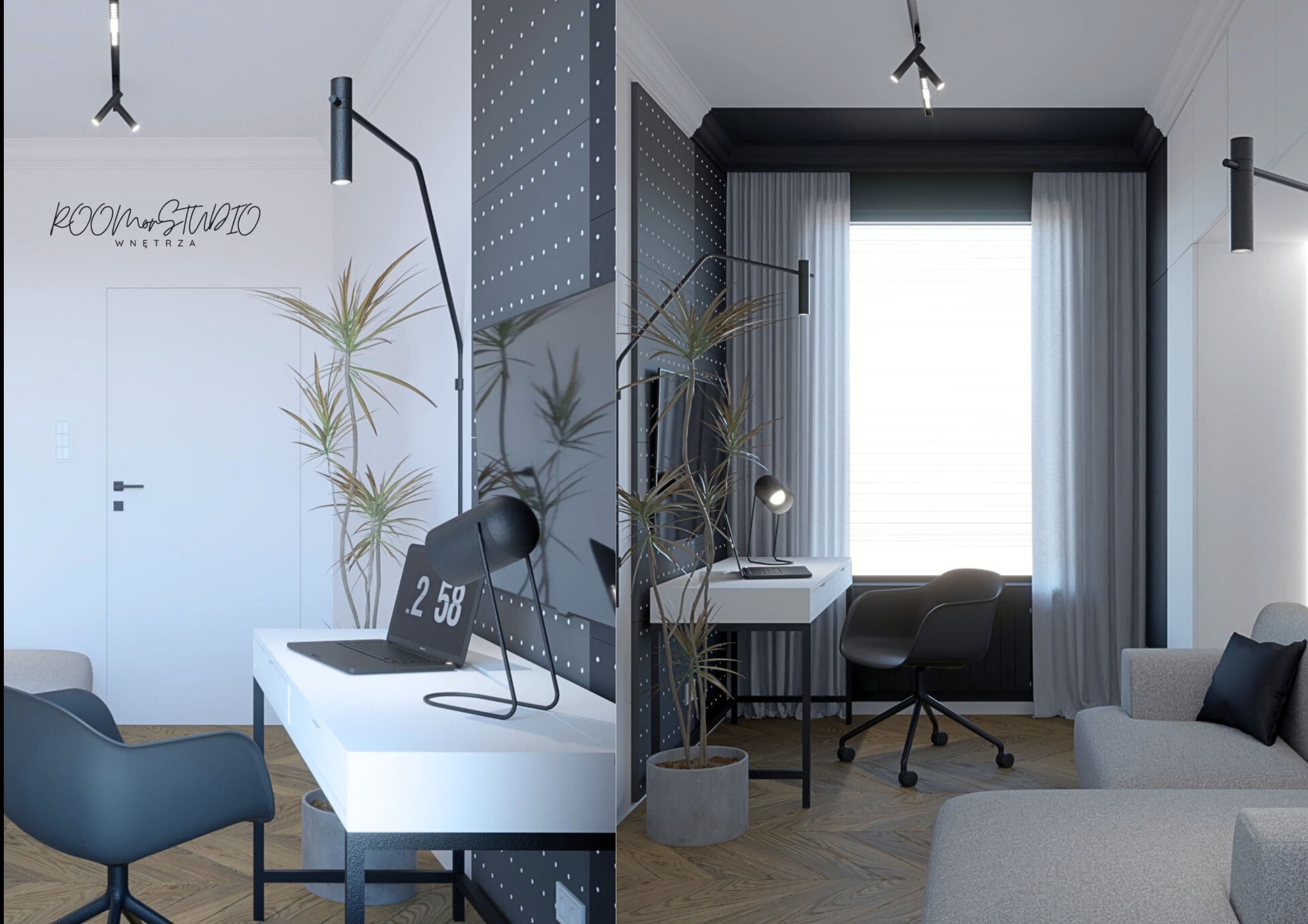 Nowoczesne biuro domowe z białym biurkiem, czarnym krzesłem i minimalistycznym oświetleniem. Parkiet w jodełkę dodaje elegancji. Widok z dwóch perspektyw.